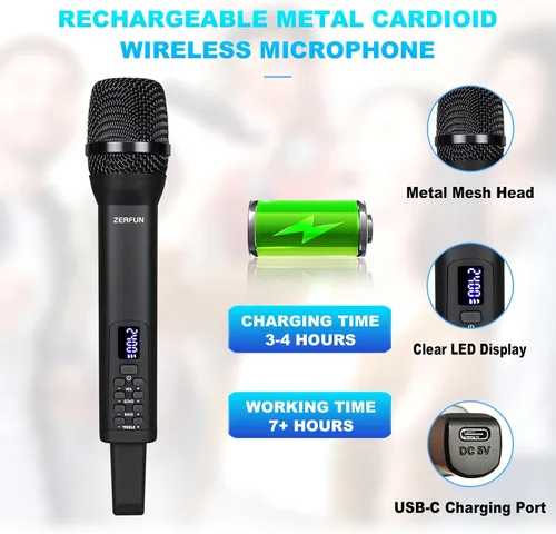 Vista 3 de Micrófono inalámbrico recargable, sistema de micrófono inalámbrico de mano profesional con control Echo Treble BASS VOL para karaoke, canto, Negro