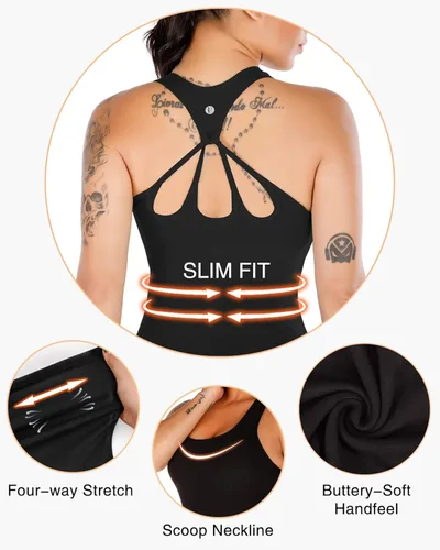 Vista 6 de RUNNING GIRL Camisetas sin mangas de yoga para mujer brasier integrado camisetas atléticas recortadas de talla grande Negro