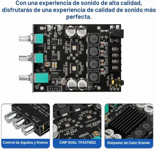 Vista 3 de Placa de Amplificador Bluetooth ARRAROWN ZK-1002T 2.0CH 100W*2 Mini AMP de Audio con Control de Agudos y Graves, Entradas BT y AUX, Módulo de AMP