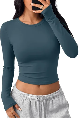 Vista 35 de Trendy Queen Camisetas cortas de manga larga para mujer, camisetas básicas Blanco