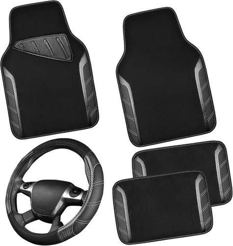 Vista 10 de CAR PASS Funda para volante de cuero y alfombrillas de coche impermeables, combo universal de microfibra para coche, diseño deportivo antideslizante
