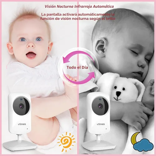 Vista 6 de VTimes Monitor de bebé con cámara y audio, monitor de video para bebé, sin wifi, visión nocturna, pantalla LCD de 2.4", monitor de cámara portátil