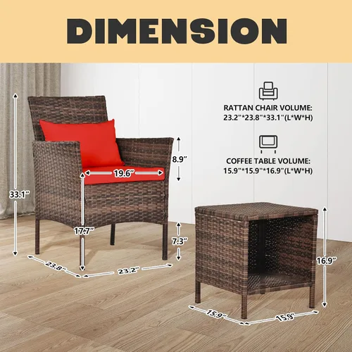 Vista 4 de Tappio Juego de 3 piezas para conversación de patio, muebles de porche y balcón, muebles de chat al aire libre, sillas de mimbre y mesa almacenable