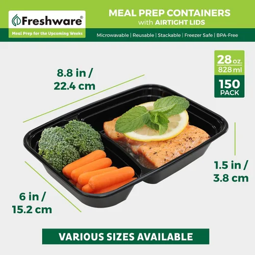 Vista 4 de Freshware Contenedores de preparación de comidas (paquete de 150) con 2 compartimentos con tapas, contenedores de almacenamiento de alimentos, caja