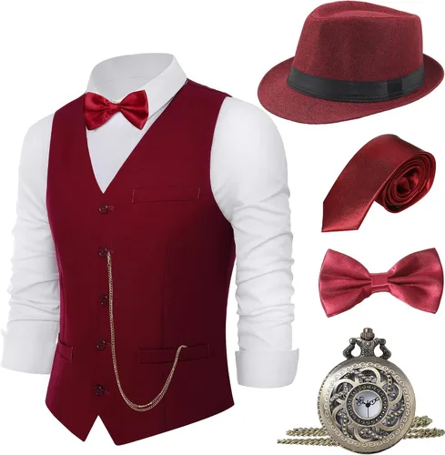 Vista 9 de BABEYOND - Disfraz de hombre de los años 1920, set de accesorios para disfraz de gángster de Gatsby con chaleco vintage, corbata, reloj de bolsillo