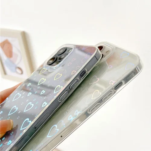 Vista 5 de Jusy Compatible con iPhone 7 Plus / 8 Plus holográfico Love Heart Iridescent Clear Kawaii, funda estética láser brillante arco iris, bonita funda