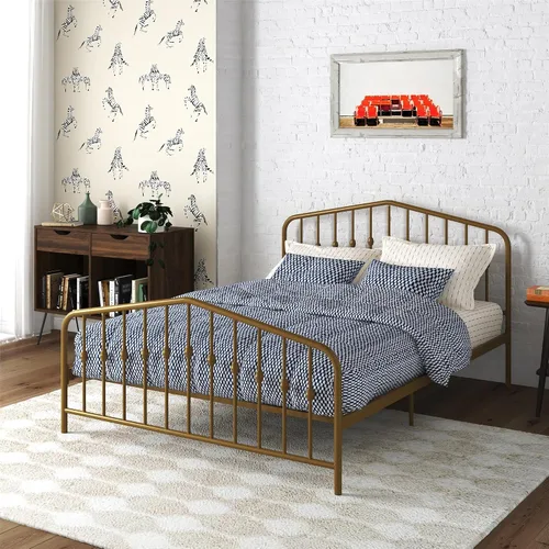 Vista 25 de Novogratz Bushwick - Marco de cama Queen de metal con cabecera ligeramente triangular, husillos insertados, base ajustable para almacenamiento,