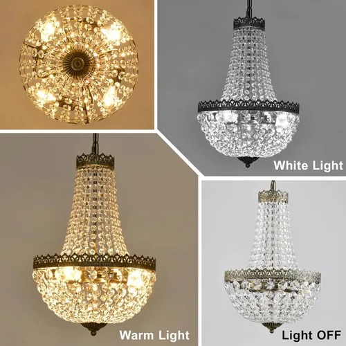 Vista 8 de 4 luces estilo imperio francés, mini lámpara de cristal para granja, acabado de latón antiguo, lámpara de techo para comedor, dormitorio, vestíbulo