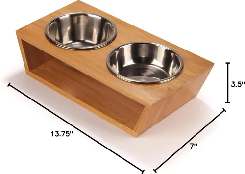 Vista 8 de BambooMN Comedero elevado para perros, soporte 100% bambú, 4 cuencos de metal para alimentos y agua, pequeño