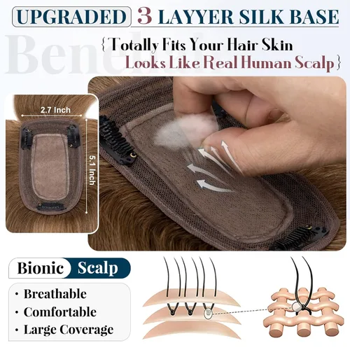 Vista 4 de Benehair Extensión de cabello humano con clip y flequillo fino, hecha a mano, base de seda, extensión de cabello liso y suave para mujeres, pérdida