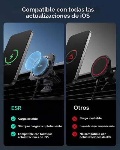 Vista 3 de ESR - Cargador de montaje de coche MagSafe para iPhone 17-12, Samsung S26/S25 15W MagSafe Car Charger, Air Vent/Dashboard Magnetic Wireless Car