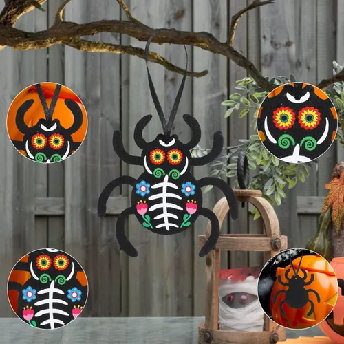 Vista 3 de CCINEE 24Pcs Dia De Los Muertos Felt Ornaments, Mexcian Skeleton Halloween Ornaments for Day of The Dead Themed Party School Bags Indoor Outoor Tree