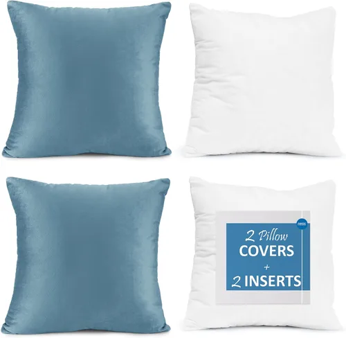 Vista 37 de Nestl Juego de 2 rellenos de almohada con terciopelo suave y sólido, juego de fundas de almohada cuadradas decorativas para sofá, automóvil Azul