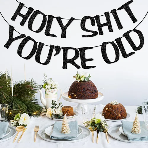 Vista 6 de Cartel de Holy You're Old con purpurina negra para 30, 40, 50, 60, 70, 80, 90, divertido cartel de cumpleaños, banderines, decoración de fiesta