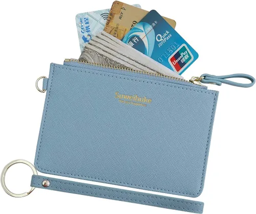 Vista 13 de Estuche Delgado para Tarjetas RFID para Mujer con Correa de Muñeca, Cartera con Cremallera para ID, Cartera de Cuero Pequeña, Monedero con Llavero
