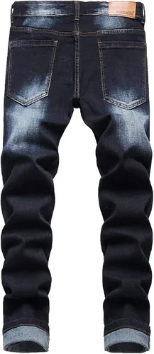 Vista 2 de Junbaoss - Jeans elásticos ajustados para hombre pantalones de mezclilla ajustados rasgados para hombre pantalones de cintura flexible de pierna