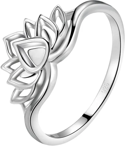 Vista 6 de BORUO Anillo de plata de ley 925, diseño de flor de loto para yoga, alto pulido, resistente al deslustre, ajuste cómodo, anillo de boda Flor de loto