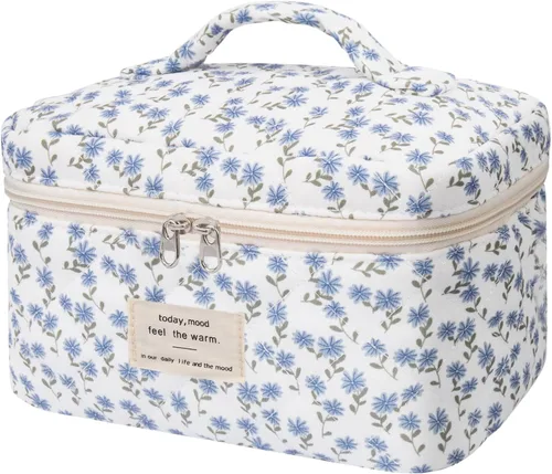 Vista 45 de Gosect Bolsa de maquillaje grande, bonita bolsa de cosméticos para mujeres y niñas, bolsa de aseo estética de coqueta floral, bolsa organizadora