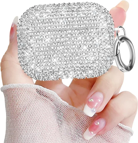 Vista 8 de Newseego Funda para AirPods de 1 y 2 generación, funda de lujo con diamantes de imitación brillantes con llavero para mujeres y niñas, anti-pérdida
