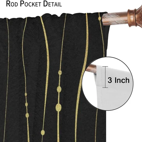 Vista 6 de Cortinas Negras con Dobladillo Dorado, Cortinas Opacas con Bolsillo para Barra con Estampado de Rayas de Foil en Onda Dorada para Decoración de Negro