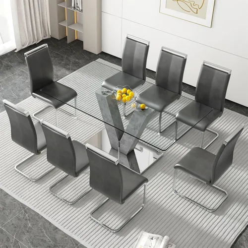 Vista 20 de Juego de mesa de comedor de cristal de 71 pulgadas para 4, juego de mesa de cocina moderno para 4, juego de mesa de comedor para el hogar