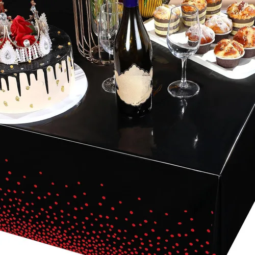 Vista 5 de Mantel desechable de plástico con lunares rojos y negros, 3 Mantel rectangular impermeable de 54 x 108 pulgadas, resistente al aceite