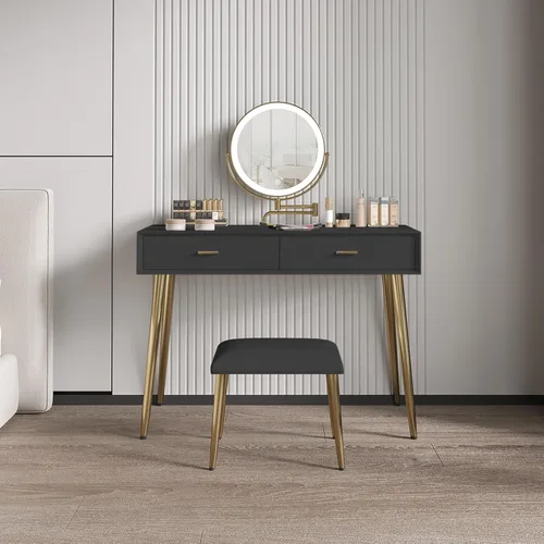 Vista 14 de Juego de escritorio con espejo giratorio de 360° y luces, pequeño tocador de maquillaje con cuero de microfibra, mesa de tocador con 2 cajones Beige