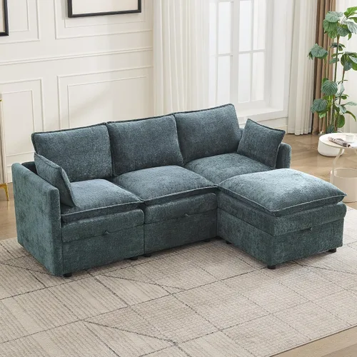 Vista 74 de Otomana cuadrada grande de 27 pulgadas con almacenamiento, reposapiés tapizado moderno con patas antideslizantes para sofá, mesa de café, sala