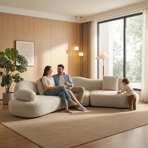 Vista 10 de SSC SATITUNCASA - Sofá modular curvo de 102.36 pulgadas, acogedor sofá Boucle para sala de estar, sofá de 4 plazas color crema con almohadas, sofá