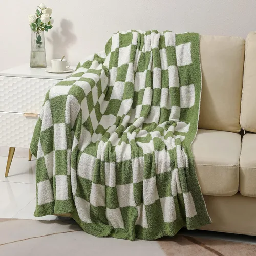 Vista 6 de bearberry Manta mullida de cuadrícula de ajedrez, suave, acogedora y cálida de microfibra para todas las estaciones, decoración para sofá, cama