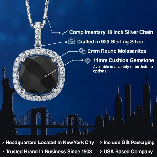 Vista 2 de Gem Stone King 925 Sterling Silver 14MM Cushion Gemstone Birthstone and White Moissanite Pendant Necklace Halo Necklace for Women With 18 Inch