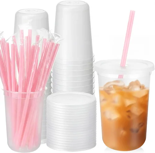 Vista 10 de Lounsweer 15 vasos transparentes reutilizables con tapas y pajitas, 12 Rosa