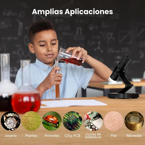 Vista 9 de Microscopio digital inalámbrico M2C 50X-1000X Microscopio portátil de mano 1080P HD con soporte ajustable, mini microscopio USB para monedas, lupa