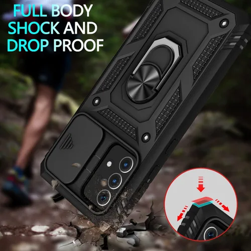 Vista 2 de Funda para Galaxy A52 4G, para Galaxy A52 5G con 3 protectores de pantalla de vidrio templado con soporte de anillo integrado + cubierta de cámara
