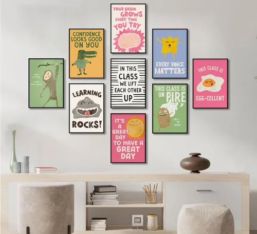 Vista 2 de 9 piezas de arte de pared con citas inspiradoras coloridas motivacionales positivas para el aula, imágenes de mentalidad de crecimiento, profesor