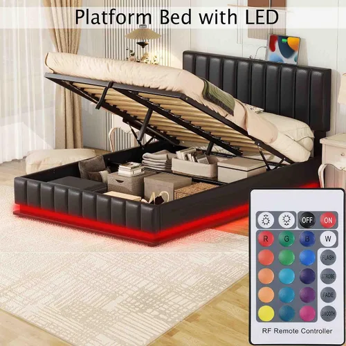 Vista 2 de Marco de cama de almacenamiento elevado con luz LED, enchufes, puertos USB, moderna plataforma tapizada completa con sistema de almacenamiento