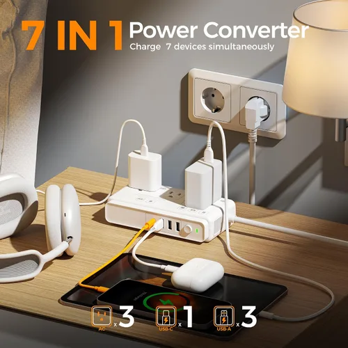 Vista 3 de TESSAN Convertidor de voltaje de 220V a 110V para viajes con 4 puertos USB (1 USB C), 3 tomas de corriente AC y adaptador de corriente internacional
