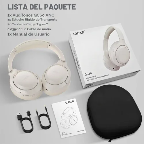 Vista 6 de LORELEI QC60 - Auriculares híbridos con cancelación activa de ruido, auriculares Bluetooth inalámbricos sobre la oreja con micrófono, 60H