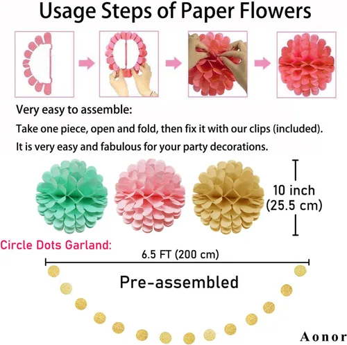 Vista 6 de Decoraciones de feliz cumpleaños rosa y dorado – Cartel dorado de feliz cumpleaños, flores con pompones, guirnalda de puntos circulares brillantes