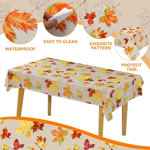 Vista 5 de Hosuly Mantel rectangular desechable de 100 x 40 pulgadas, diseño de hojas de arce de otoño, mantel de plástico para otoño, mantel de cosecha