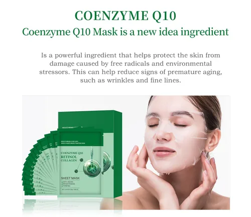 Vista 3 de Paquete de 10 mascarillas faciales de colágeno, mascarillas faciales para el cuidado de la piel con coenzima Q10 Retinol antienvejecimiento