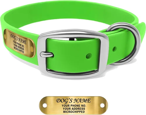 Vista 23 de Regal Dog Products Collares de perro pequeños negros impermeables con placa de nombre personalizada grabada Collar de perro de Biothane
