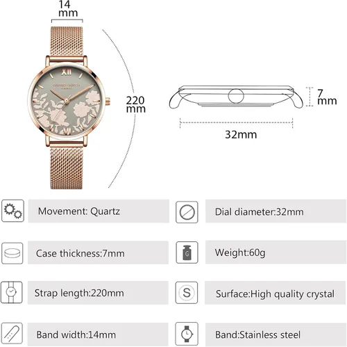 Vista 5 de RORIOS - Reloj de pulsera para mujer con esfera de flores y correa de malla de acero inoxidable analógico de cuarzo para mujer