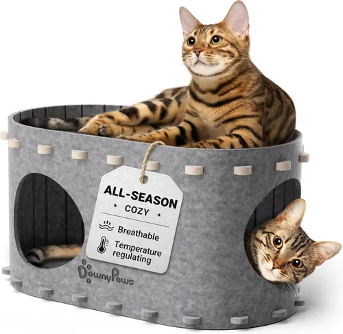 Vista 12 de DownyPaws Casa para gatos de interior, cueva plegable de 2 pisos, cama tipo túnel de fieltro para gatos, cubo, escondite para multicats, resistente