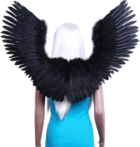 Vista 6 de FashionWings (TM) Disfraz de plumas con forma de V, diseño de alas de ángel para adultos, unisex, color negro, Negro, L, Large wingspan