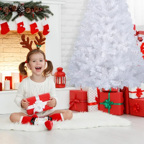 Vista 3 de DREAMADE Árbol de Navidad blanco de 6 pies, árbol de Navidad artificial de abeto sin iluminación con 650 ramas completas y base de metal plegable
