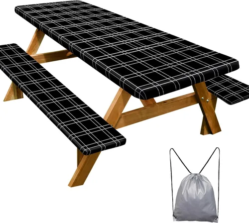Vista 27 de Funda de mesa de picnic con fundas para bancos Esenciales de camping Mantel de picnic impermeable y a prueba de viento con bolsa de cordón, funda