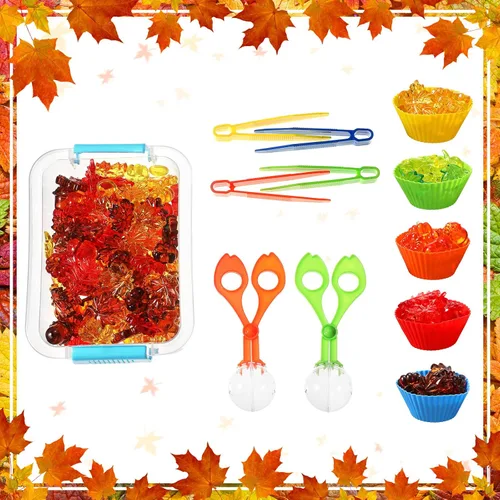 Vista 6 de 147 piezas de juguetes de motricidad fina, decoración de otoño, relleno sensorial, 135 hojas acrílicas de otoño, calabaza, 4 pinzas, 2 clips