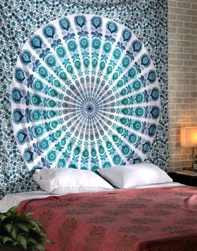 Vista 22 de Tapiz para pared con diseño hippie de mandala, bohemia e hindú Azul y verde