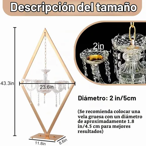 Vista 2 de 2 centros de mesa de diamante de 43 pulgadas para mesas, portavelas de metal, soporte de centro de mesa acrílico, soporte de candelabro dorado